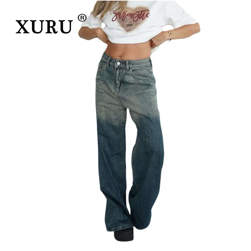 

XURU - New Women's Street Style Low Waist Gradient Jeans, Y2k Clothing Retro Versatile Long Jeans, Men's Pants