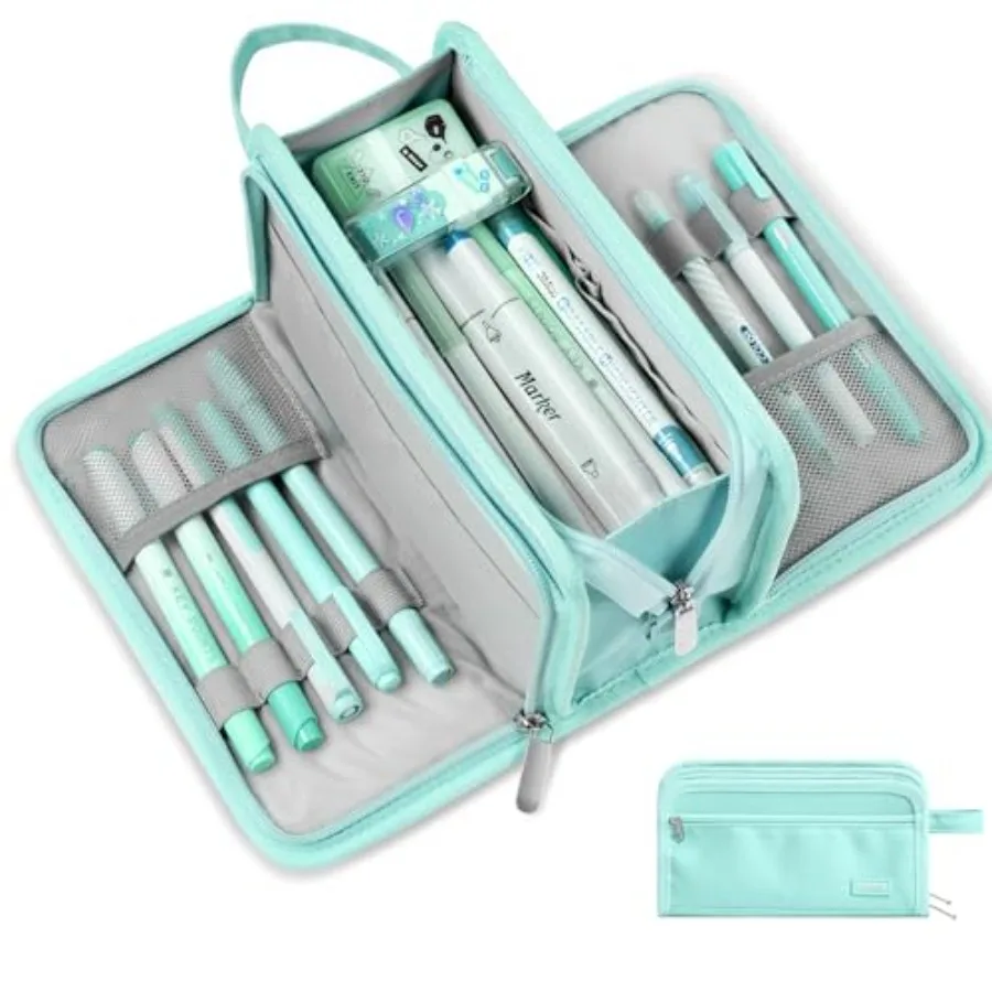 

Large Pencil Case, Big Capacity Pencil Pouch Pen Bag with 3 Compartment, Portable Canvas Stationery Organizer with Zipper, Cute