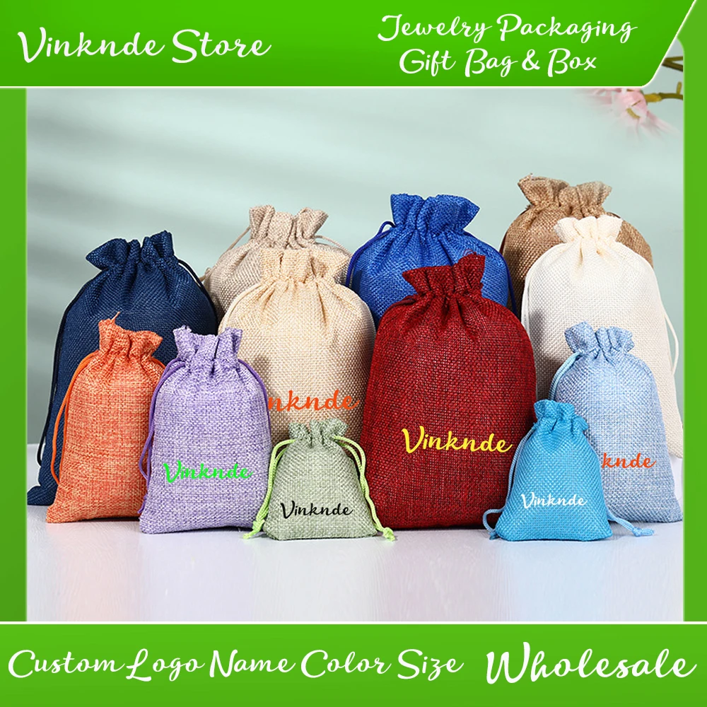 

100Pack Drawstring Natural Burlap Bag Jute Gift Bags Jewelry Packaging Wedding Candy Travel Storage Pouches Customizable Logo