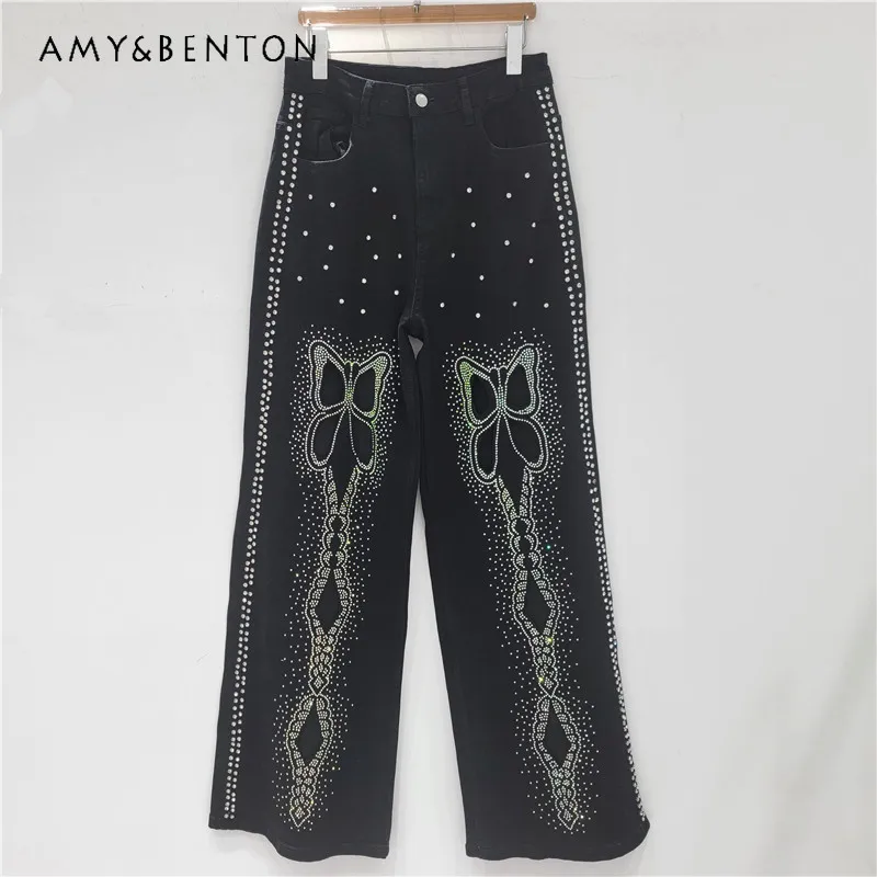 

Kawaii Butterfly Embroidered Hollow Jeans Women's 2025 New High-waisted Loose and Versatile Hot Diamond Elastic Denim Trousers
