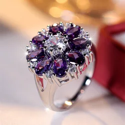 New Fashion Simple Rings For Women Purple Zircon Flower Shape Lady Ring Wedding Party Finger Jewelry Gift Female Engagement Ring