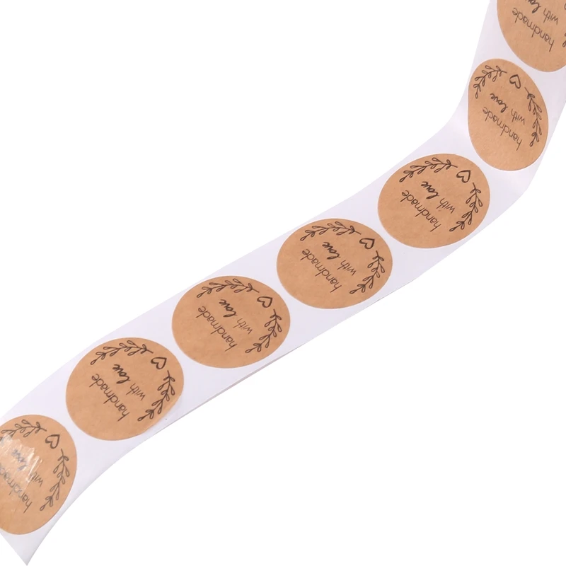 1 Inch Round Natural Kraft Olive Branch Handmade With Love Stickers / 500 Labels Per Roll