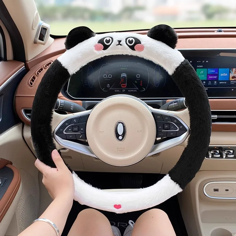 Warm Plush Car Steering Wheel Cover Protector Cute Cartoon Plush Panda Steering Wheel Cover Interior Decoration