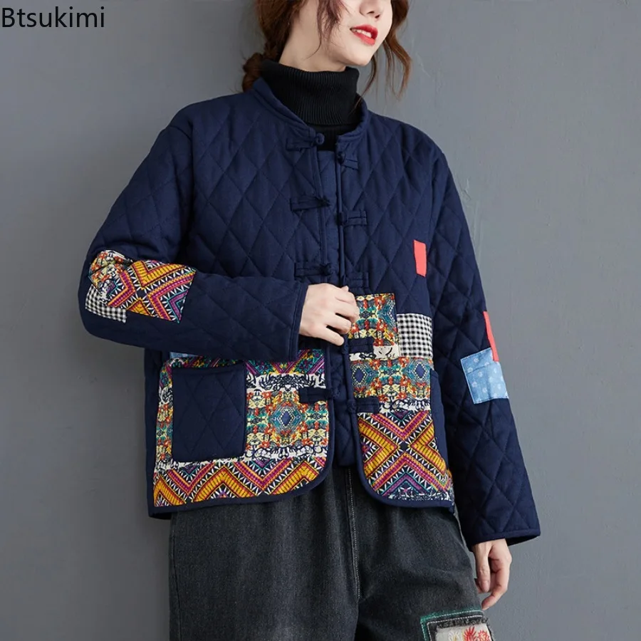 New 2025 Autumn Winter Arts Style Women Long Sleeve Vintage Short Coat Patchwork Cotton Linen Single Breasted Thicken Jackets