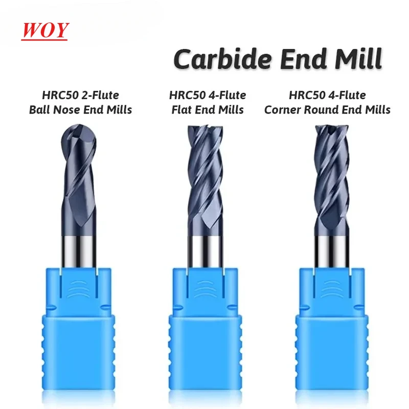 WOY Tungsten Steel Carbide HRC50 2/4-Flute Round Nose/Ball Nose/Flat Milling Cutter For CNC Mechanical Center End Mills Tools