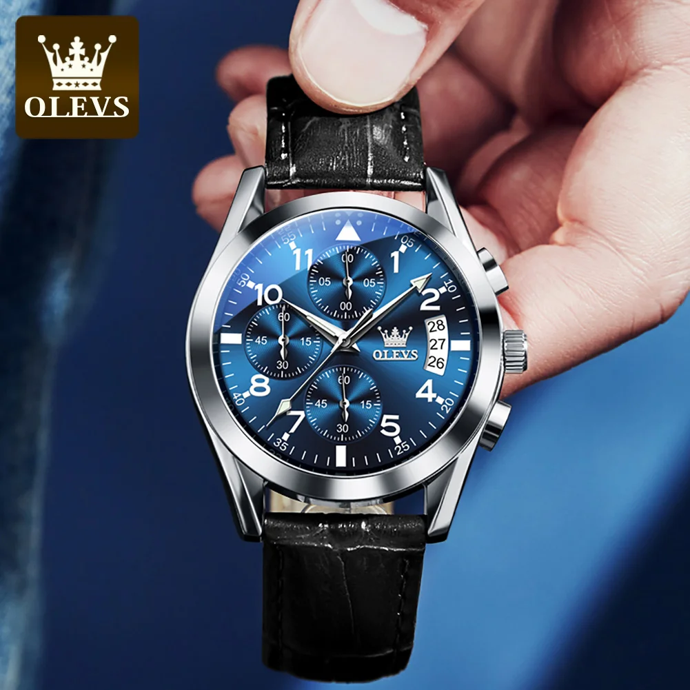 OLEVS2878 Pilot Watch for Men Auto Date Waterproof Luminous Chronograph Wristwatch Luxury TOP Leather Stap Original Quartz Watch