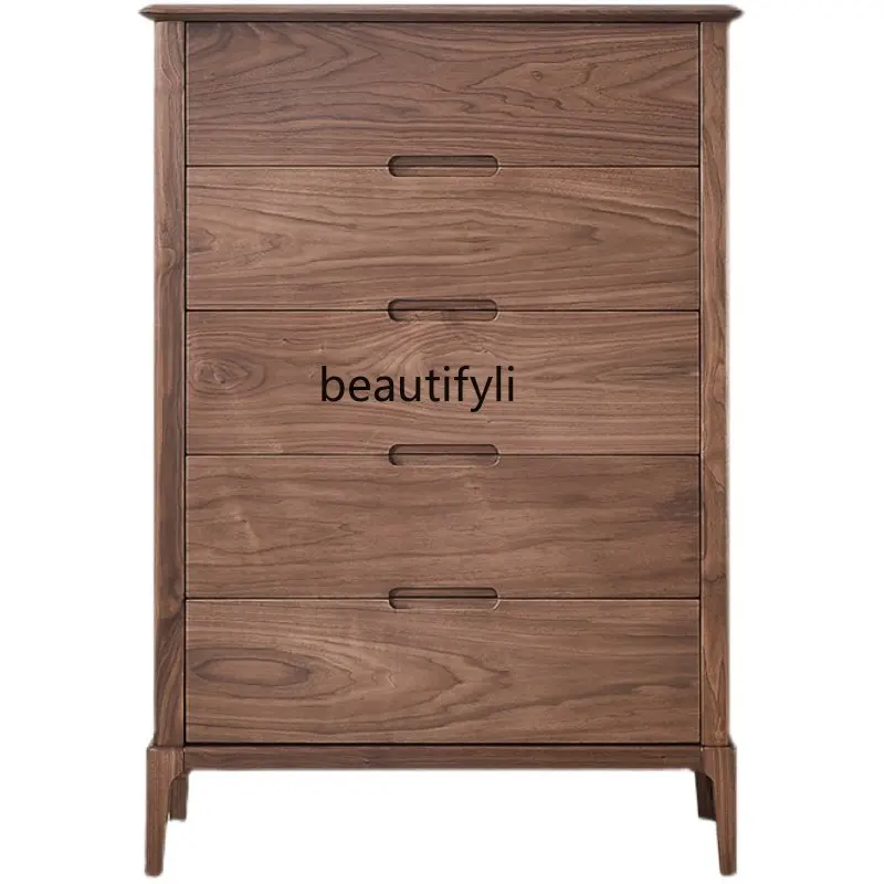 

North America Black Walnut Five-Drawer Wooden Chest of Drawers Solid Wood Locker Nordic Living Room Storage Drawer Cabinet