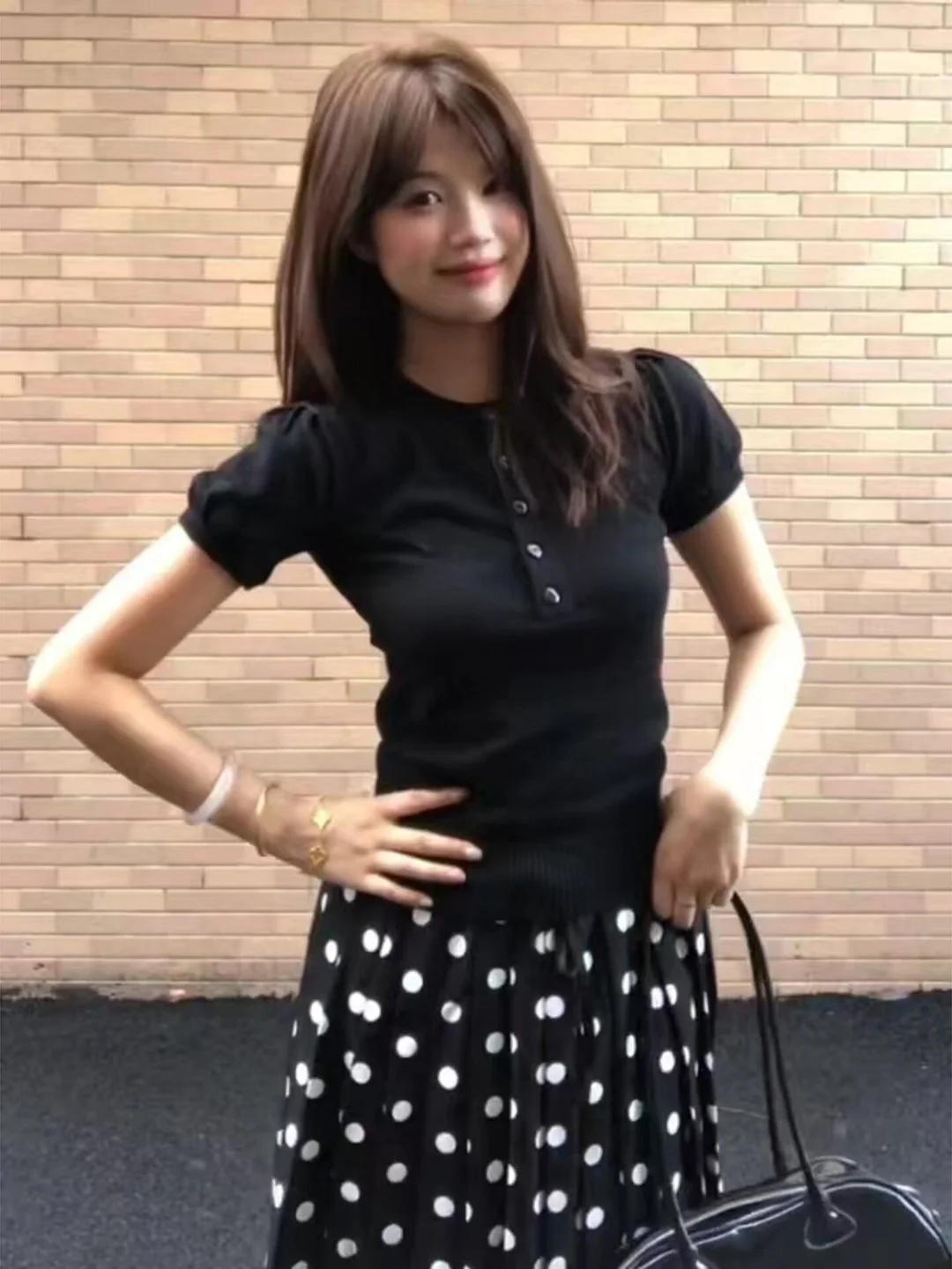 Black Henry Collar Short Sleeve T-Shirt Women's Slim Fit Stylish Spring Summer Top Korean Style Commute Fashion Button Detail