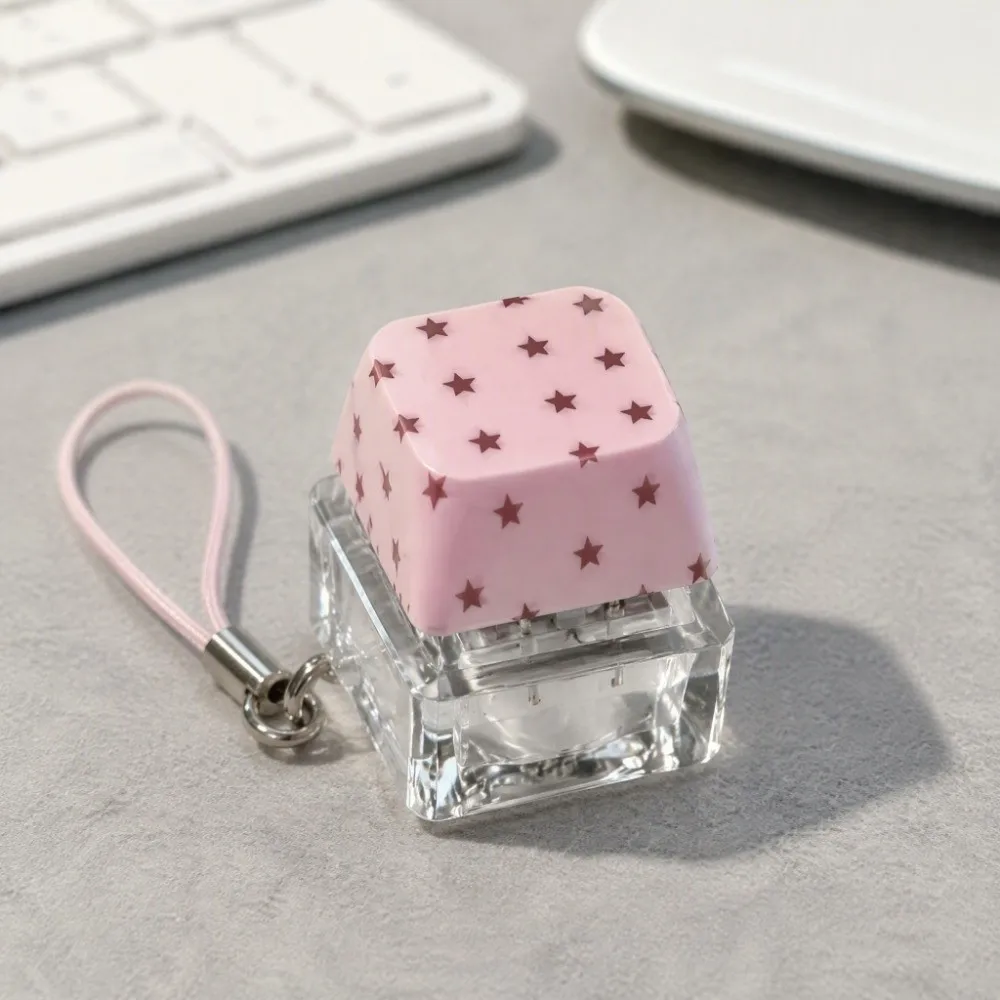 Klickender Fidget-Button, niedlicher Stern-/Polka-Dot-Druck, Mini-Klicker-Anhänger, Tastaturtasten-Form, transparente Basis – Detail 8