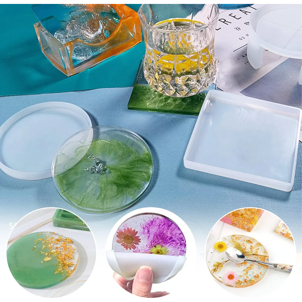 4Pcs DlY Round and Square Epoxy Resin Coaster Making Silicone Mold Perfect for Resin Casting Home Decor Coasters Cup Mat view 2