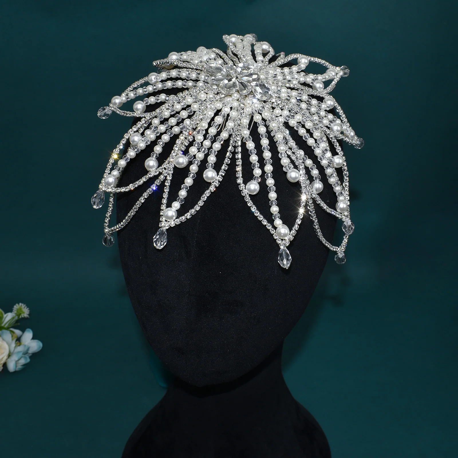 DZ328 مجوهرات الزفاف زهرة الشعر عقال اليدوية اللؤلؤ كريستال ليف رباط شعر غطاء الرأس الزفاف الفاخرة Gemale تيارا هدية #1