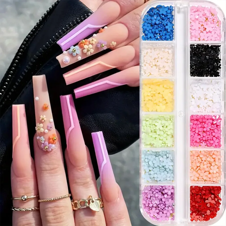 12 vigas 3D coloridas flores acrílicas para uñas con perlas mezcladas cuentas de Caviar lindo 5 pétalos florales DIY gemas para uñas suministros para uñas