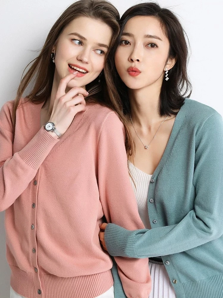 AOSSVIAO 2026 Autumn Winter Women's Cardigan V Neck Cropped Knit Sweater Loose Long Sleeve Coat Korean Outerwear Versatile Top
