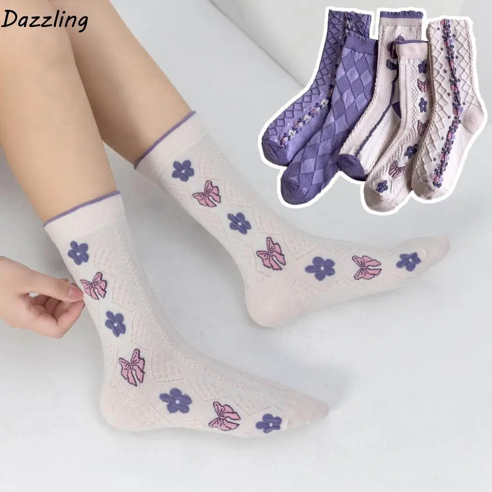 

5 пар фиолетовых носков-трубочек с цветочным принтом, Harajuku, носки до середины икры для девочек, чулочно-носочные изделия, дышащие милые носки, женские осенние носки