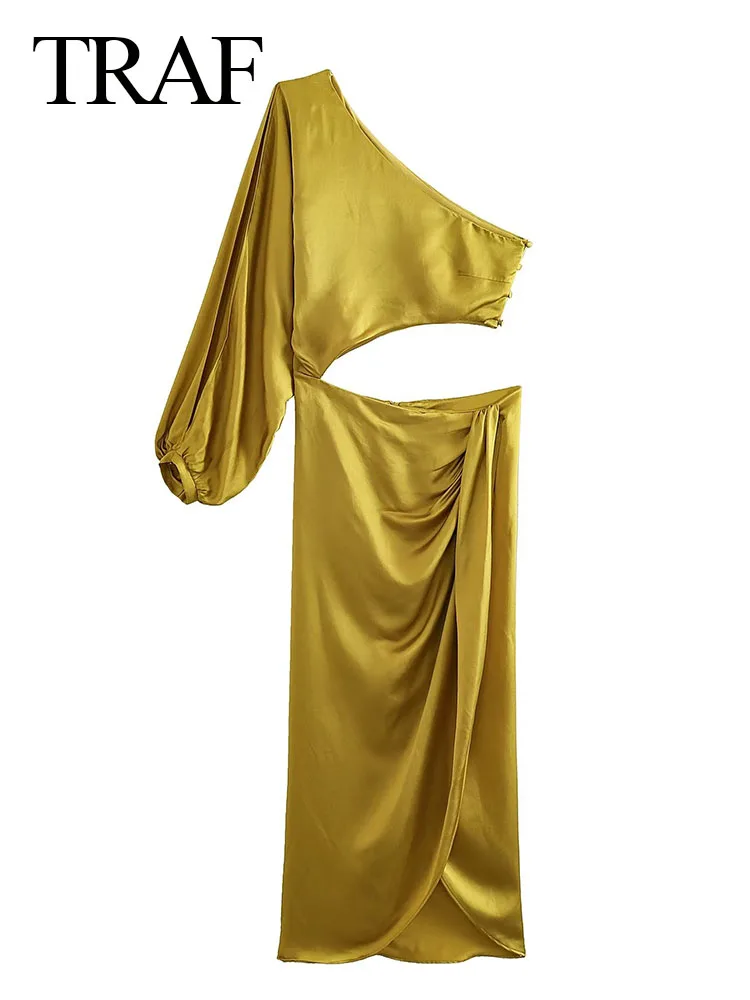 TRAF Woman Summer Sexy Asymmetric Satin Solid Yellow Long Dress Women Ruched Off Shoulder Eleganckie sukienki na wieczorne przyjęcie