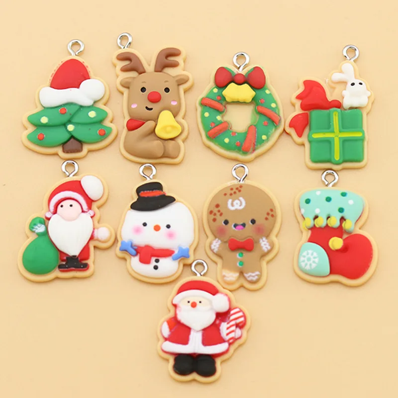 10pcs Christmas Shape Cookies Tree Snowman Gingerbread Man Resin Charms Kawaii Earring Keychain Pendant Diy For Jewelry Make