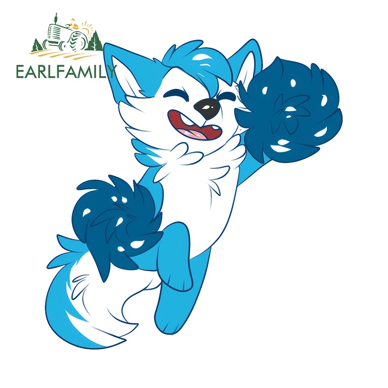 EARLFAMILY 13cm x 12.5cm Cheering Furry FoxCar Sticker Blue and White Fur Cartoon Animal Decal Sunscreen Windows Accessories