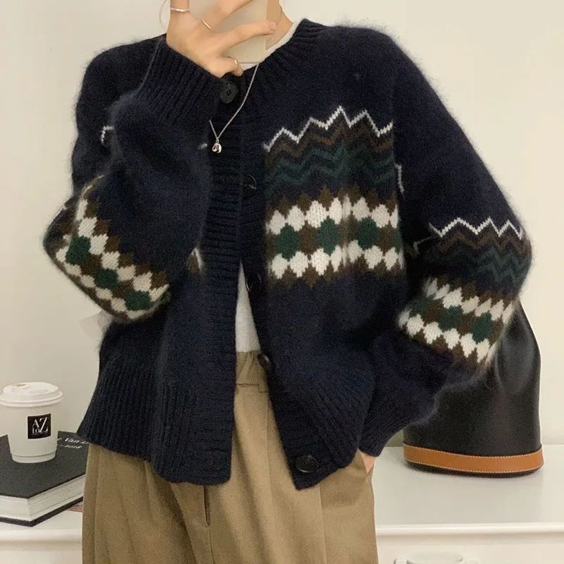 Cardigan women sweater 2026 Spring loose short knitted retro jacquard button open stitch coat for women's sweater clothing