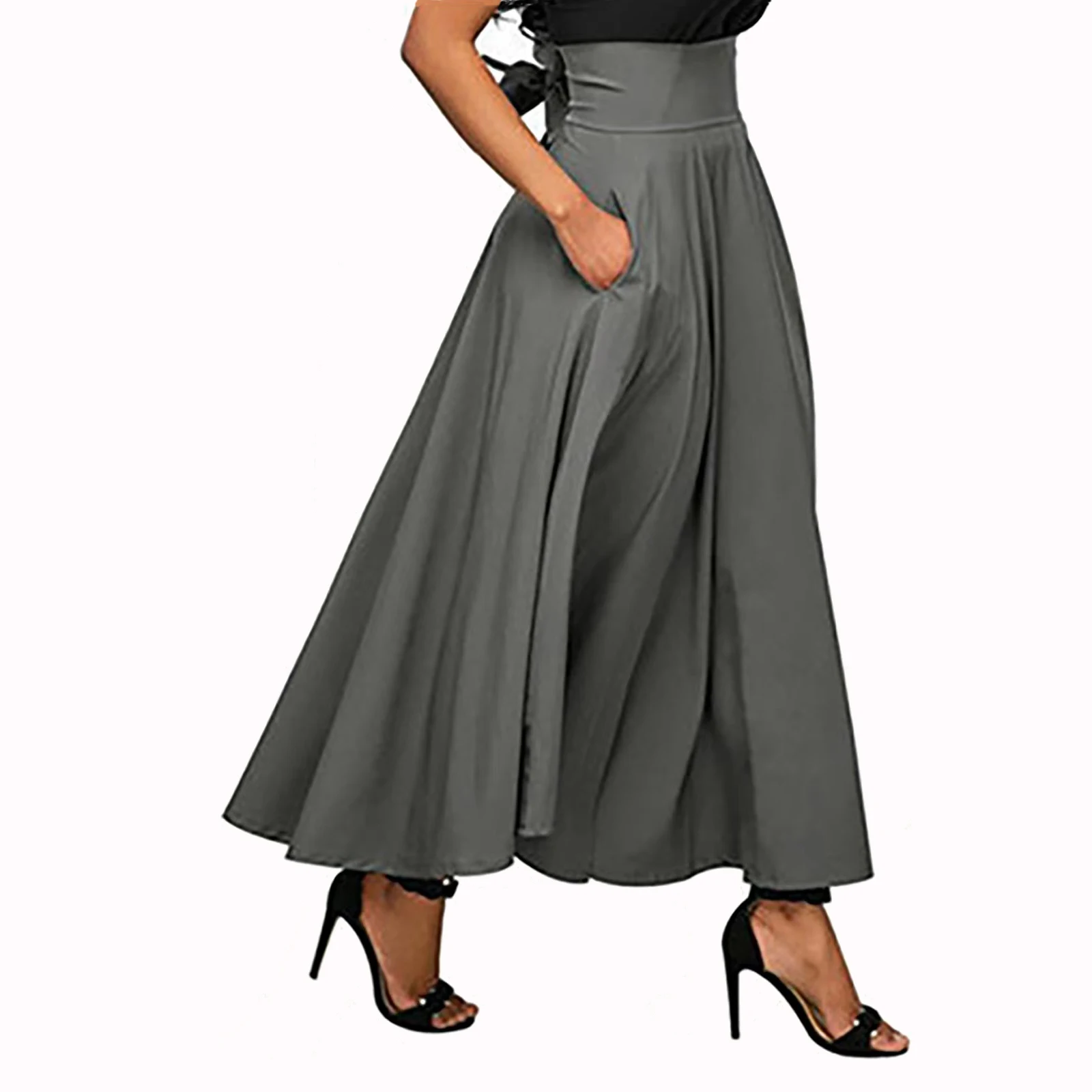 Mode Effen Kleur Grote Swing Vrouwen Rok Lange Rok Autumn Wilde Hoge Taille Strik Slanke Rokken