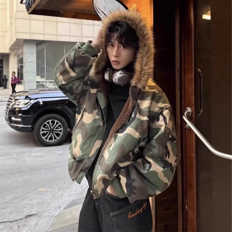 

American Retro Men's Winter Warm Parka Double Sided Camouflage Thick Cotton Padded Coat Faux Rabbit Fur Collar Military Jacket