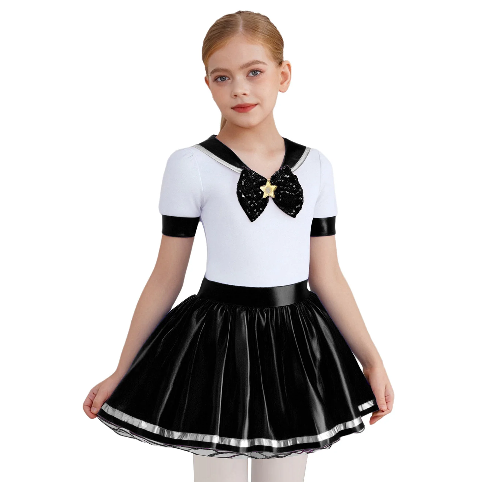 Girls Anime Sailor Costume Metallic Glossy Short Sleeve Bow Ruffle Dress Halloween Party Cosplay Japanese School Girl Uniform