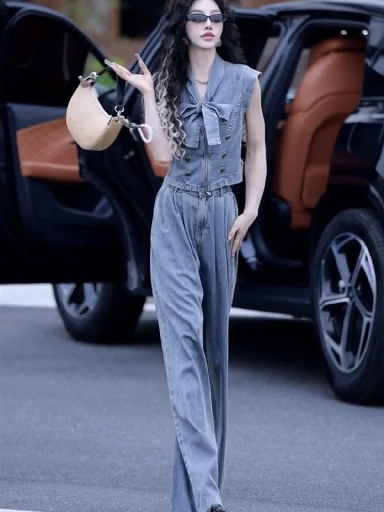 Fashionable  Knot Denim Set High Waist Long Pants Short Top Summer New Arrival Anti-Aging Design Unique Personality
