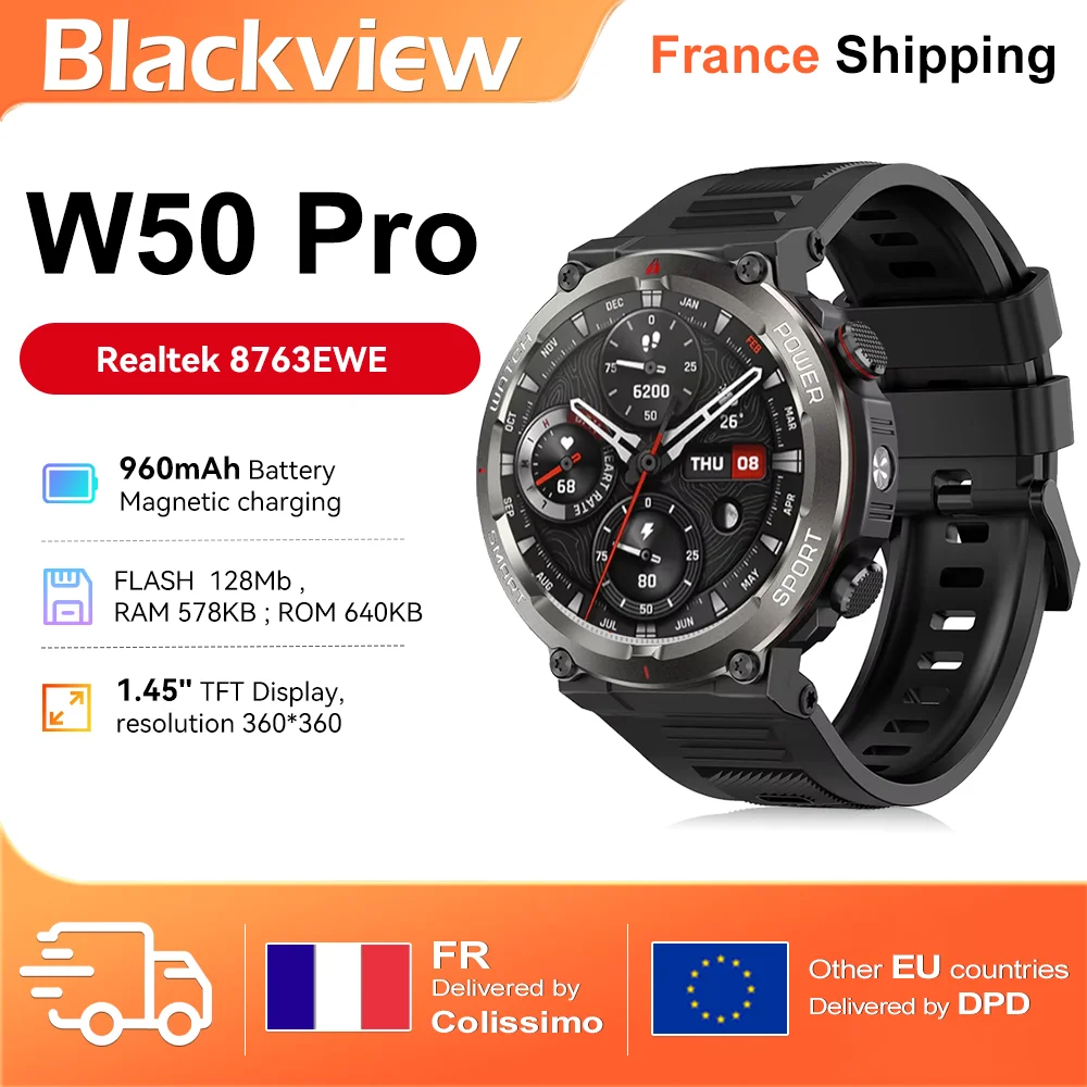 Blackview W50 Pro Montre Connectée Robuste, Écran TFT Haute Définition de 1,45", Étanchéité à 10m, Appels Bluetooth et Batterie 960mAh