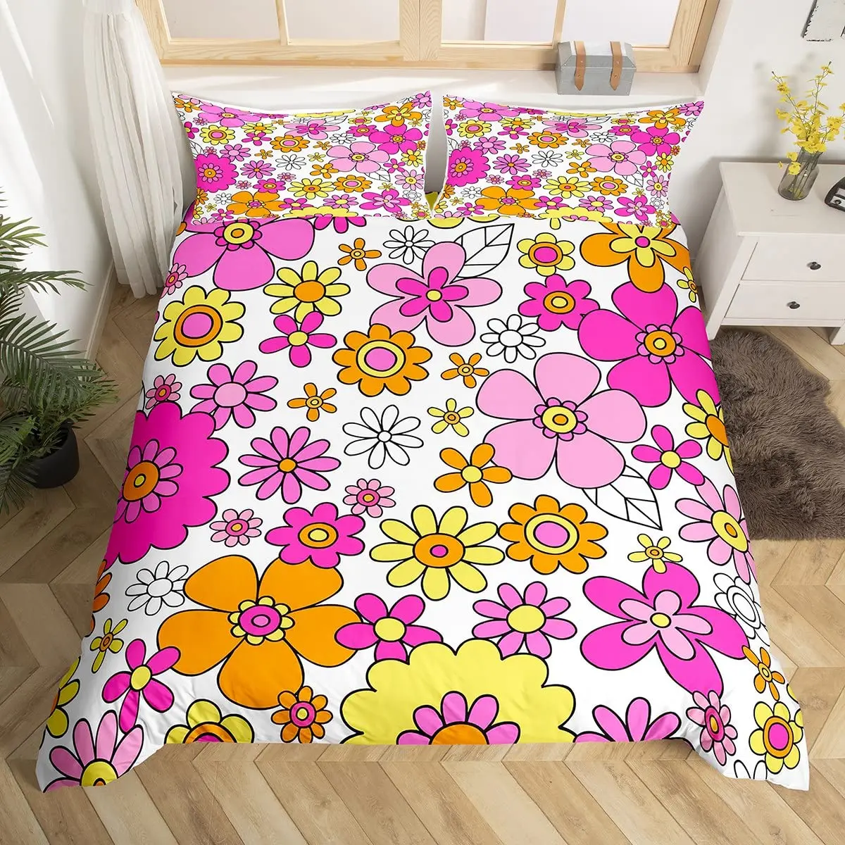 Vintage Groovy Flower Duvet Cover Cute Rainbow Butterfly Bedding Set Retro Floral Boho Pink Comforter Cover with 2 Pillow Case