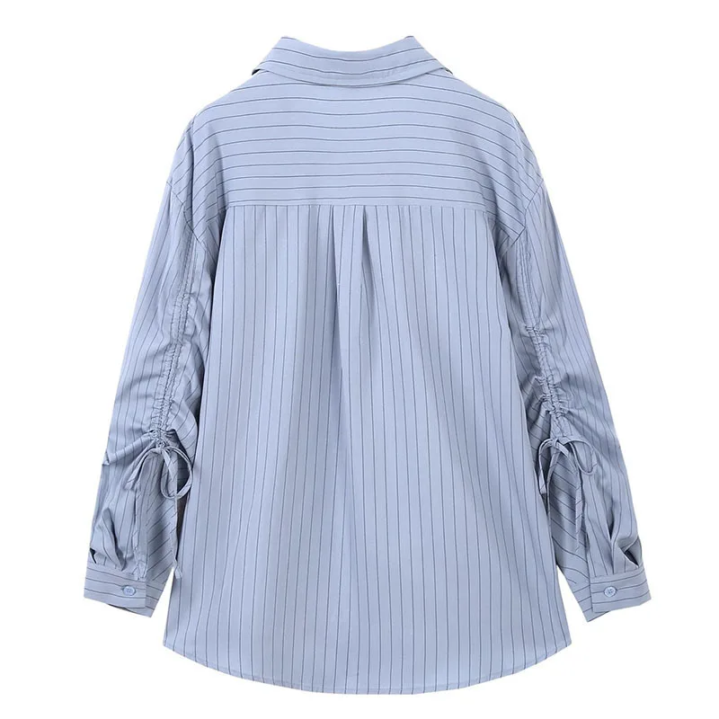 DEAT Fashion Blue Vertical Stripes Shirt Women's Lapel Loose Diagonal Placket Long Sleeves Drawstring Blouse New 7AB8101