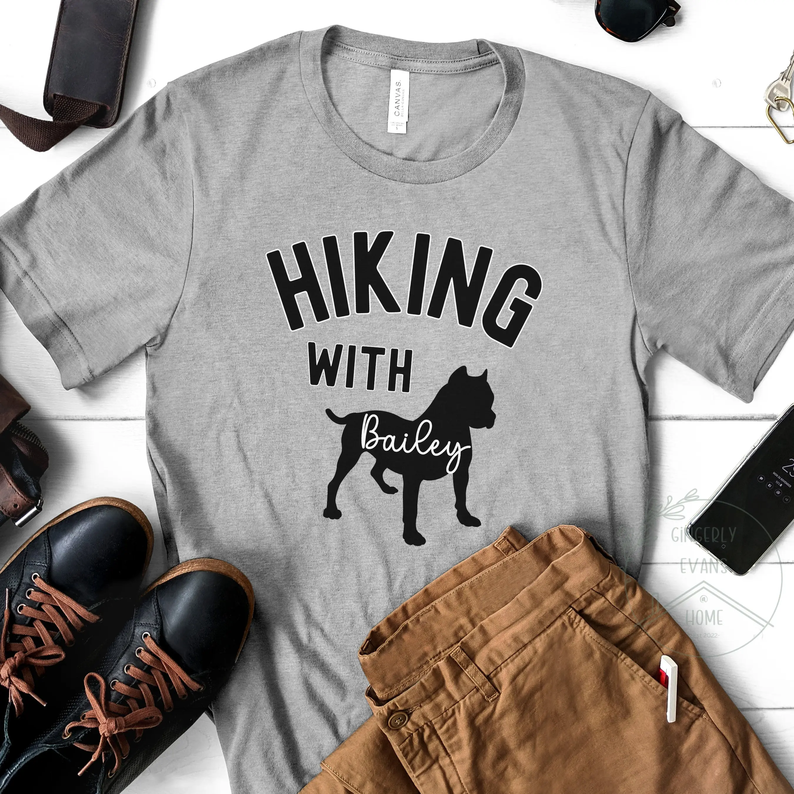 Hiking with My Pitbull Custom Dog Name T Shirt Pittie Mom Dad Hiker American Bully Outdoor Adventure Lover Christmas