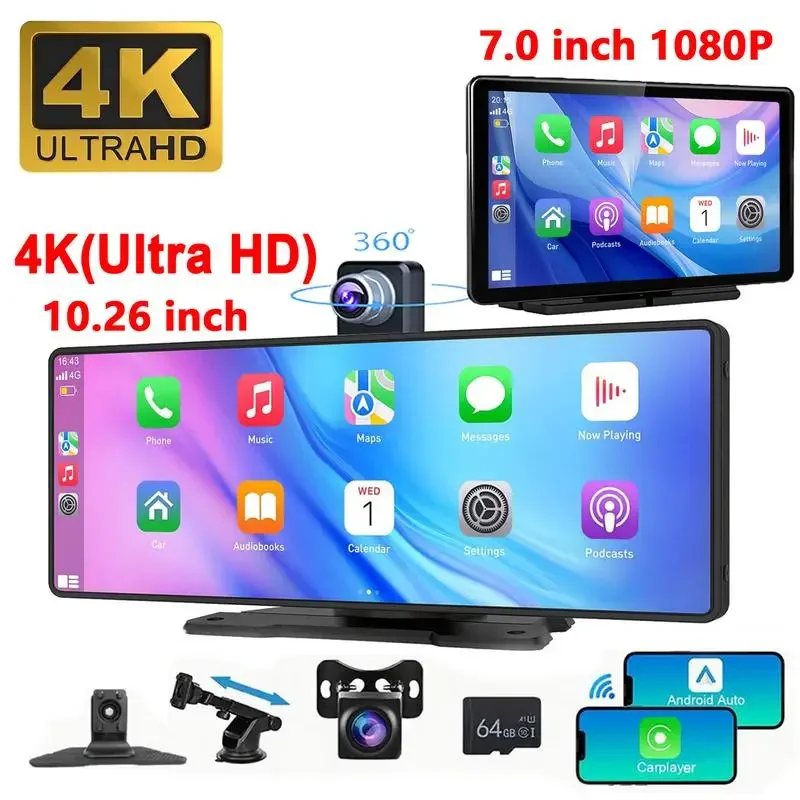 10.26 Inch 4K Ultra HD/ 7 inch 1080P Portable Car Stereo with Wireless Carplay Radio, Apple Carplay touchScreen