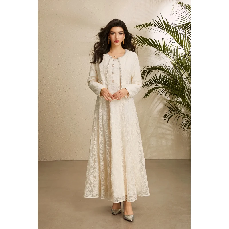 Women Elegant Beaded Lace Matching Set Cardigan Short Jacket Square Neck Sleeveless Maxi Dress Formal Party Two Piece Suit