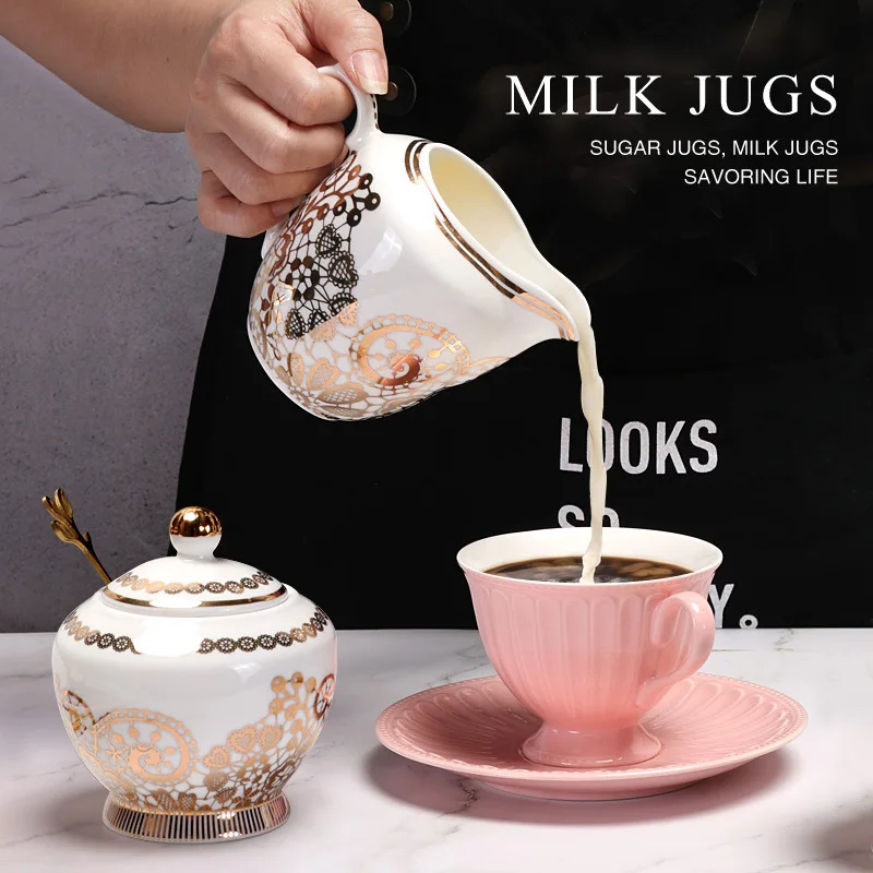 European afternoon tea ceramic milk pot with golden lace ribbon handle and milk latte flower milk cup, milk jar, sugar jar