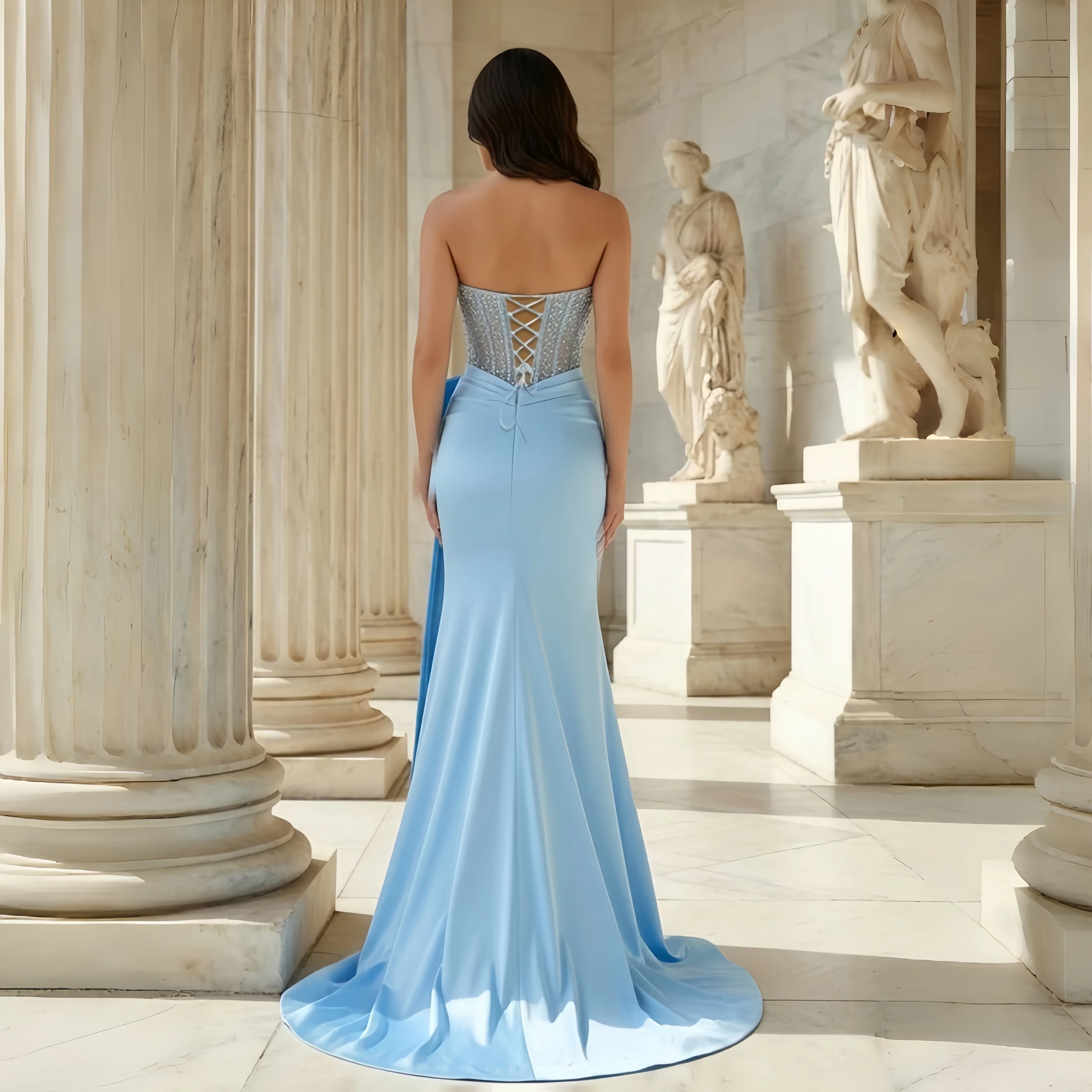 Customized Blue Satin Prom Dresses Corset Mermaid Split Formal Evening Women Night Cocktail Prom Gowns Evening Dresses