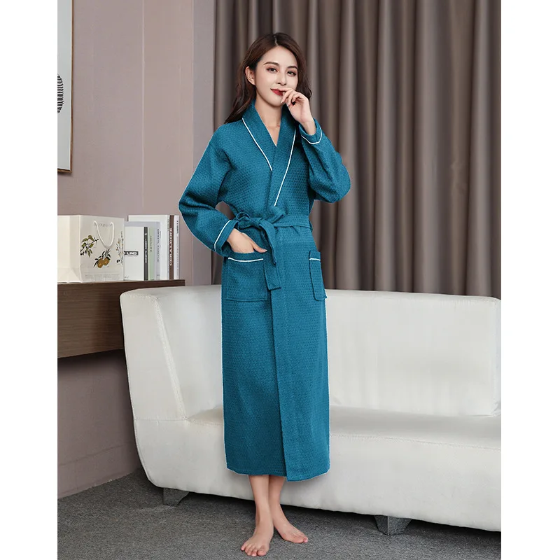 Female Long Kimono Bathrobe Gown Spring Autumn Waffle Cotton Robe Sleepwe Loose Casual Home Dress Loungewear with Pockets