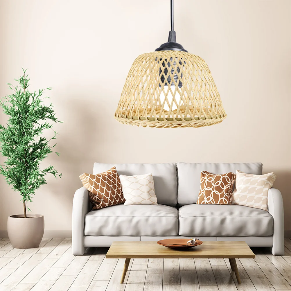 

Bamboo Ceiling Lamp Shade Beige Rattan Light Cover For Bare Bulb Bohemian Pendant Woven Hanging Decorative