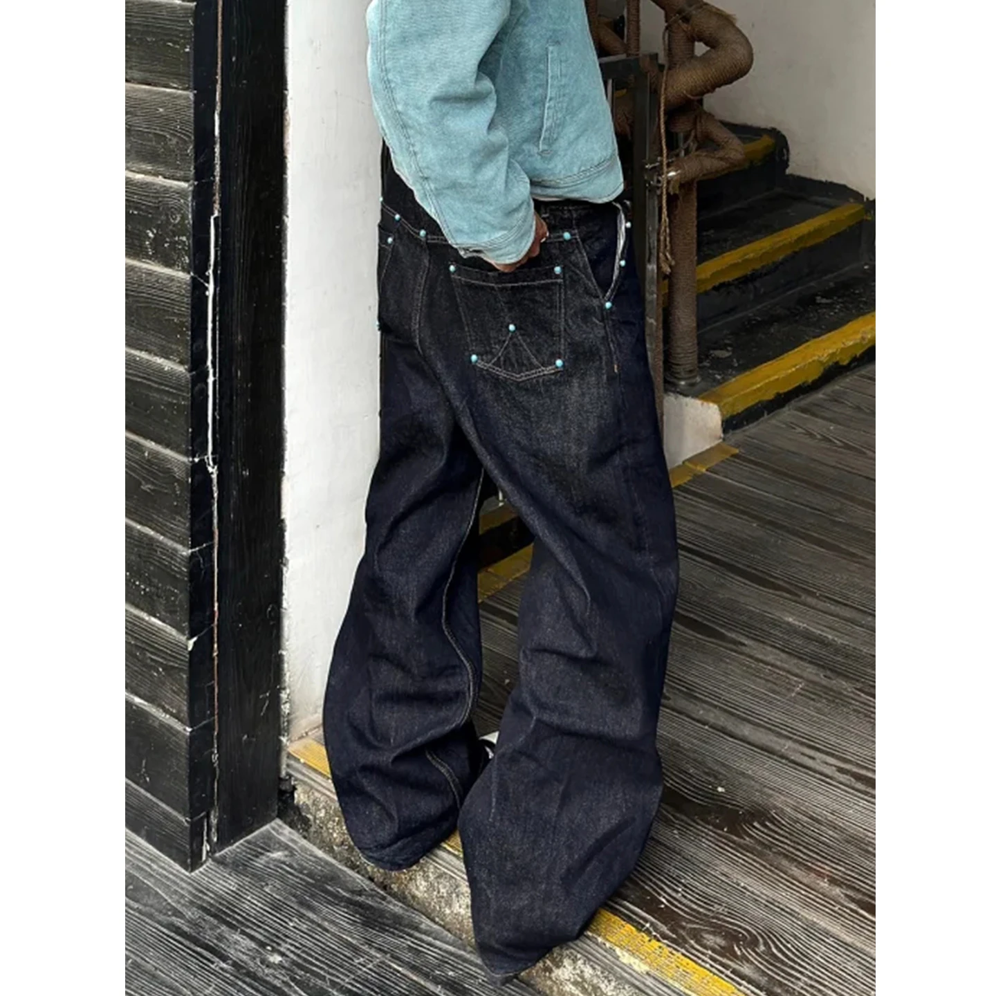 

Джинсы-клеш из денима в оригинальных цветах, унисекс, прямой крой, свободные повседневные брюки с эффектом потертости, в американском ретро-стиле