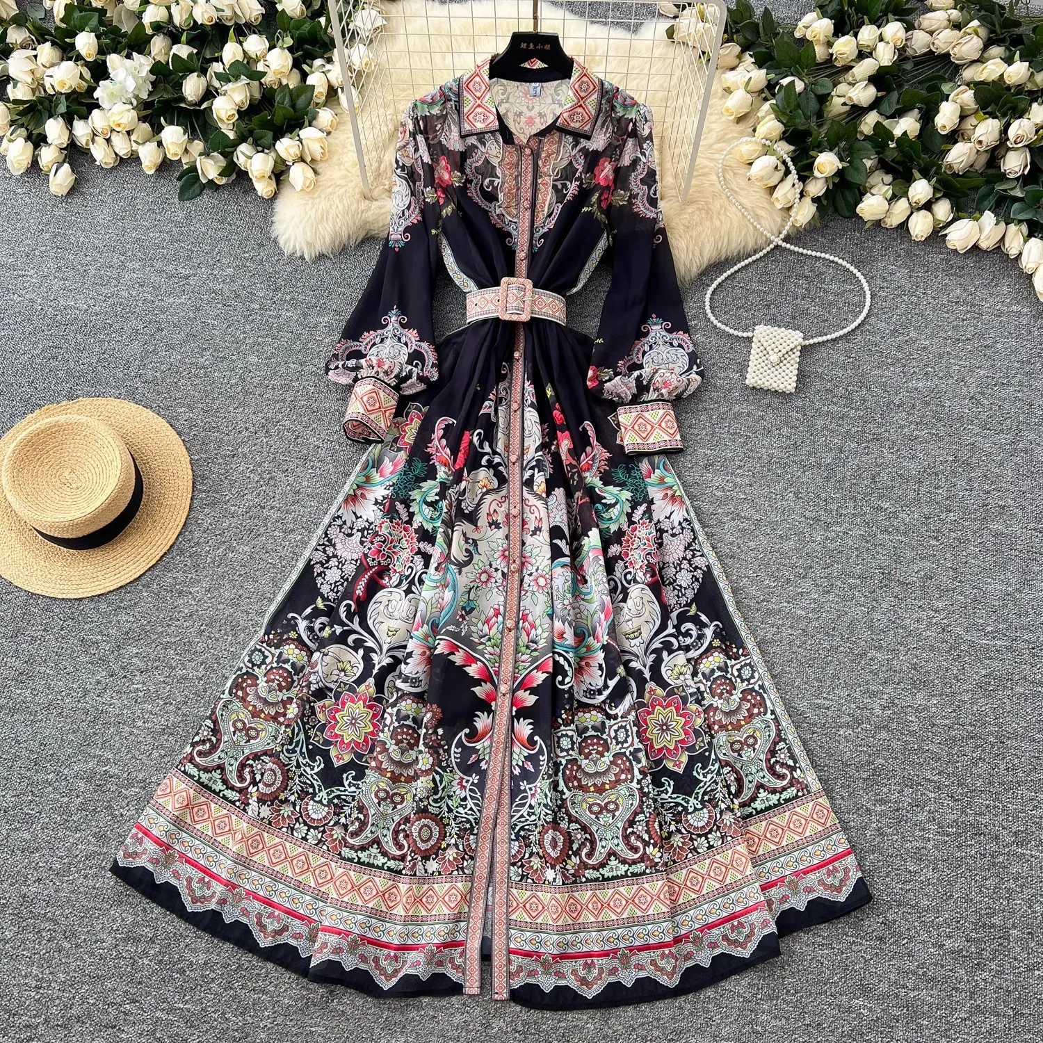 Robe maxi en mousseline de soie à fleurs pour femmes, robe de vacances Boho, col de chemise, simple boutonnage, ceinture imprimée rouge, vêtements longs, printemps, été, nouveau, 2025