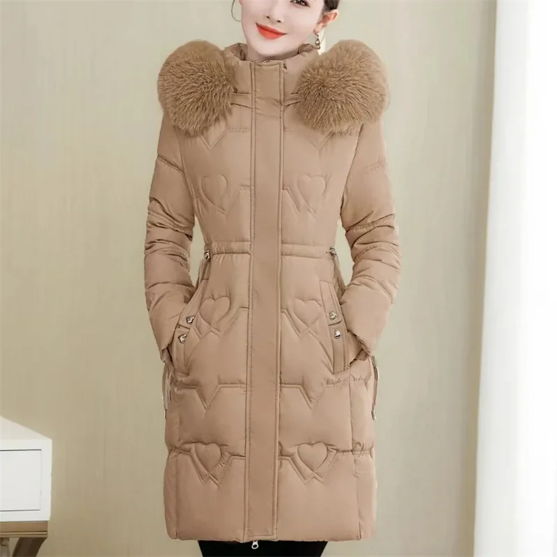 2023 Winter Parkas Women Cotton-Padded Jacket Women\'s Fur Collar Cotton Liner Jacket Slim Long Thick Coat Hooded Female Green