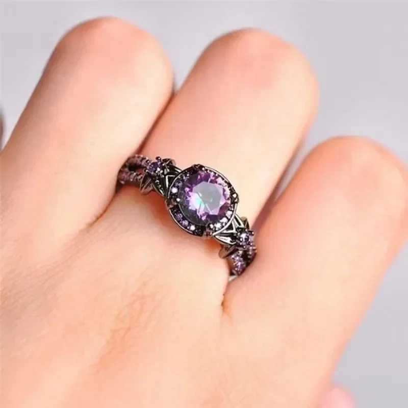 ZHIXUN New Purple Cubic Zirconia Black Ring for Women Retro Gorgeous Engagement Party Design Jewelry Accessories Ladies Gifts