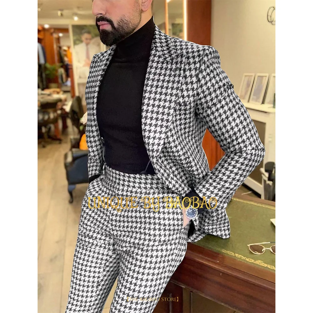 Red Men\'s Suits Tweed Houndstooth Plaid Check Wedding tuxedo 2 Piece Set Jacket & Pants Fashion Business Formal Tailored Fit