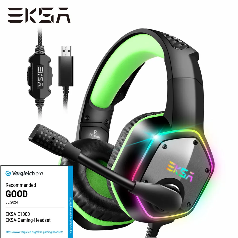 EKSA E1000 PC Gaming Headphones, 7.1 USB Wired Gaming Headset Gamer, With Noise Cancelling Microphone For PS4/PS5, RGB Lights