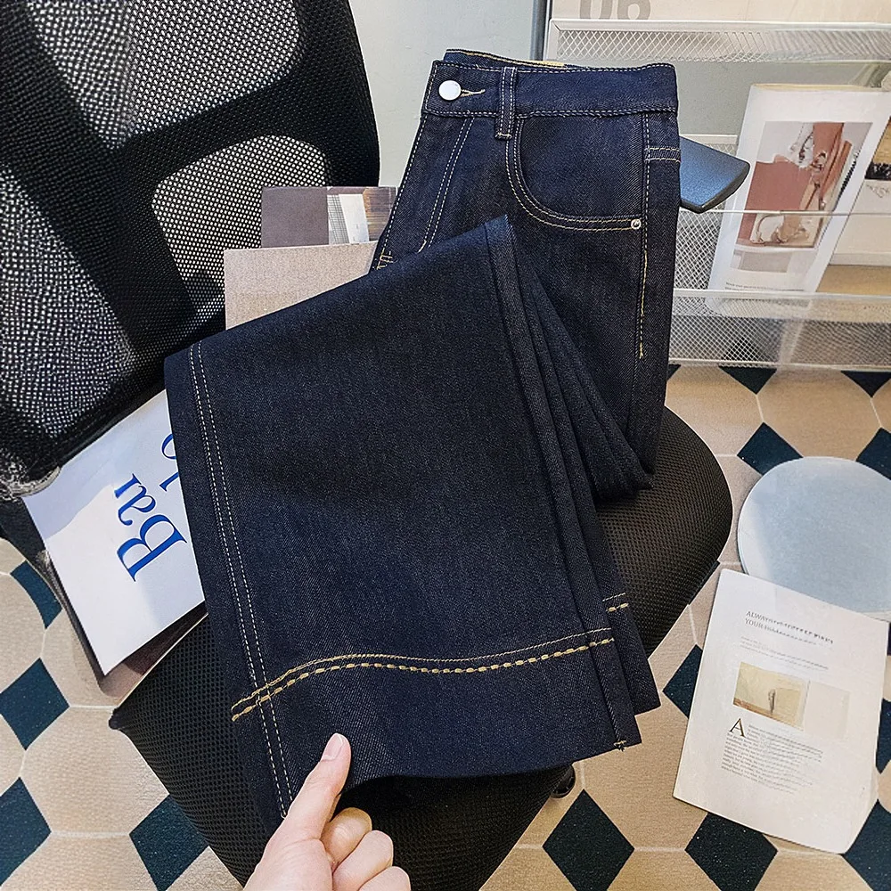 Women High Waist Straight Leg Jeans Dark Raw Denim Pants Contrast Stitch Loose Long Trousers With Pockets