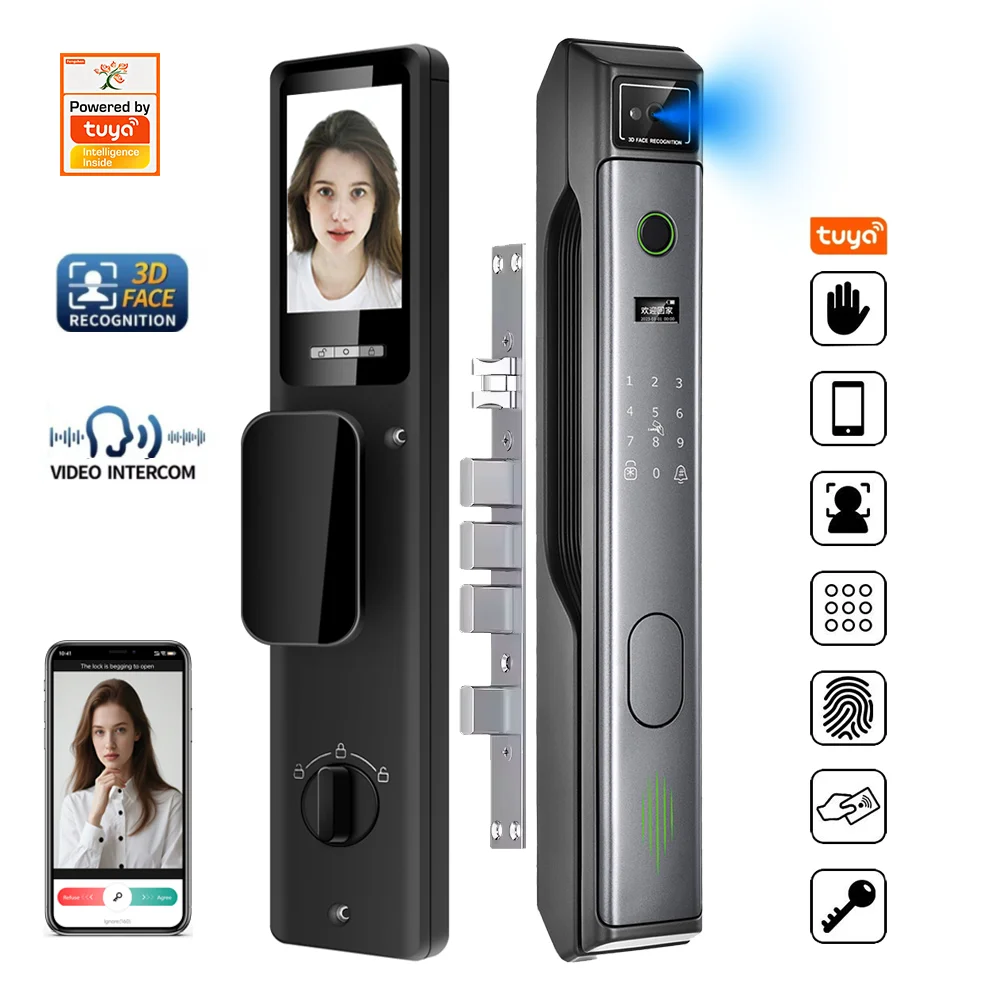 TUYA Fully Automatic 3D Facial and Palm Vein Recognition WiFi Smart Door Lock with Visual Active Video Intercom for Wood Door