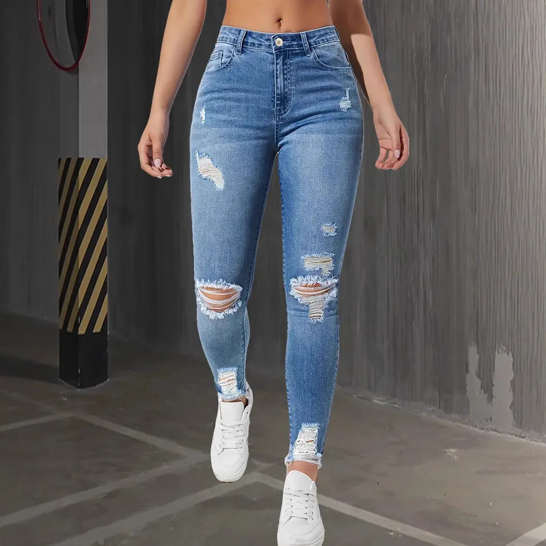 Fashion Skinny Hole Jeans Women 2025 Autumn Stretchy High Waisted Ripped Slim Retro Solid Color Denim Trousers Pants