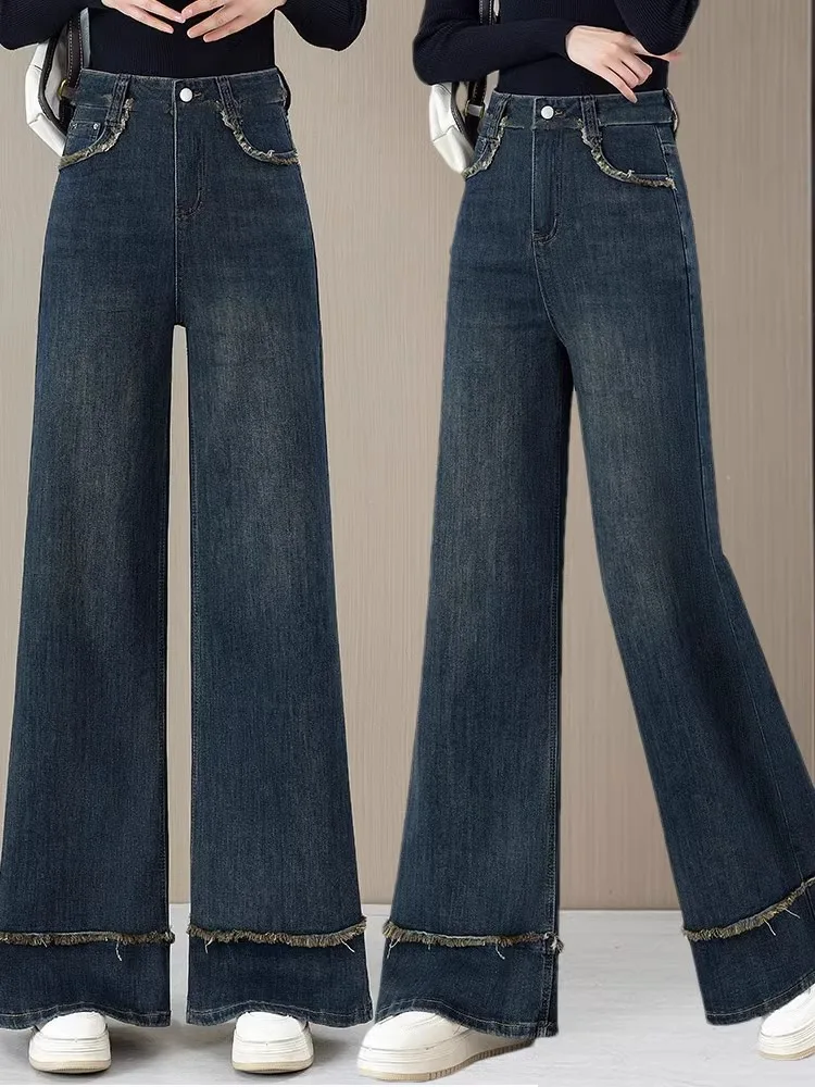 Thickened Fleece Wide Leg Jeans Women's High Waist Long Pants Spring Autumn New Style Nine Points Loose Fit Straight Leg Jeans