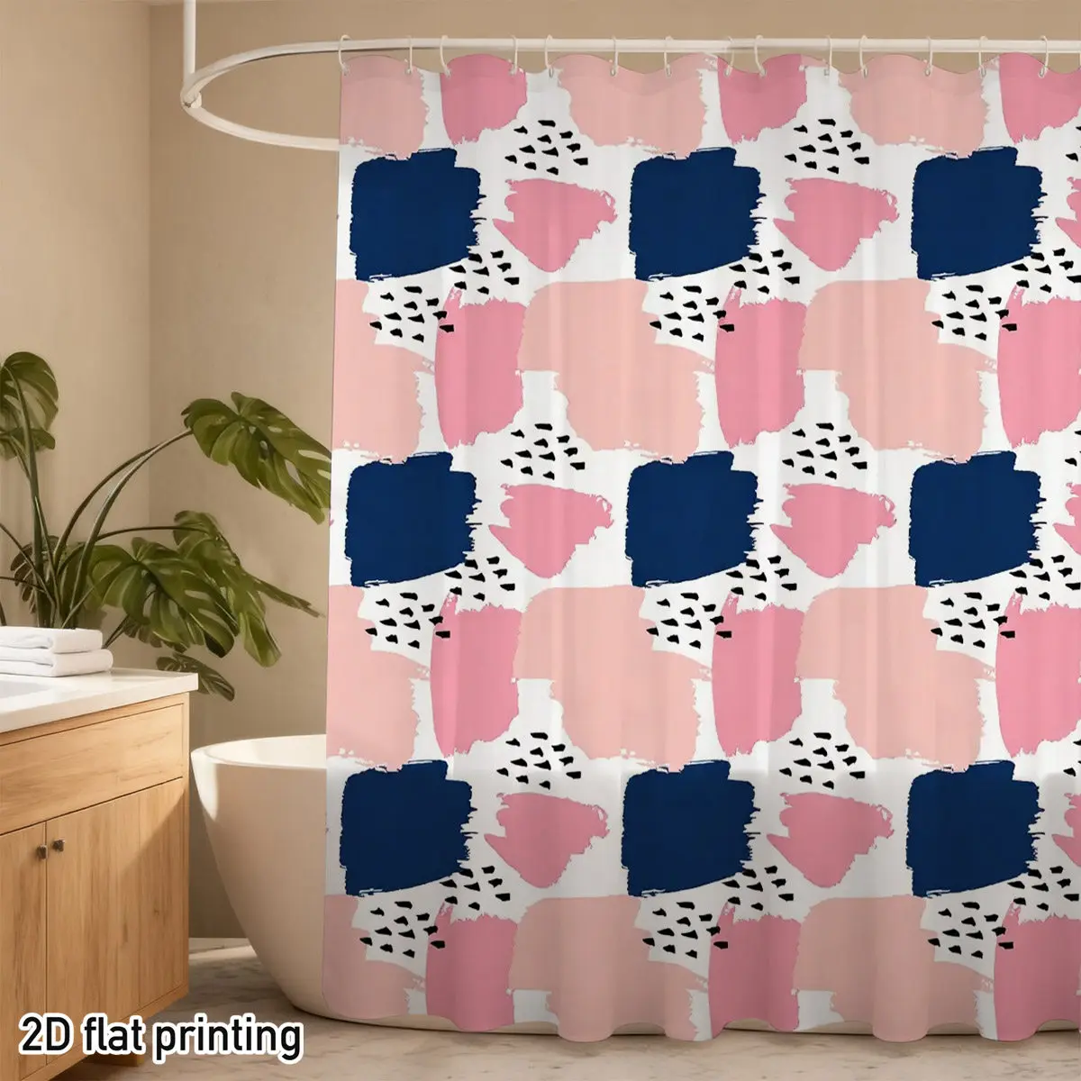 Abstract Brushstroke Pattern Shower Curtain – Blush, Indigo & White, Polyester, 12 Grommets, Machine Washable, 72×72