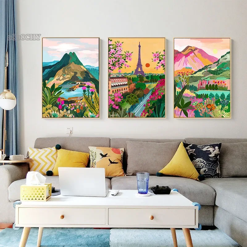 Colorful Travel Mountain City Canvas Painting Posters and Prints Abstract Landscape Wall Art Pictures for Home Living Room Decor