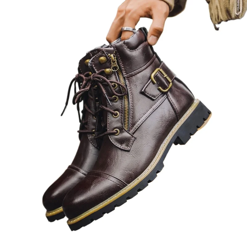 Quality Men Leather Boots Metal Double Zipper Motorcycle Boots Oxford Business Men Ankle Boots Autumn Winter Shoes Large Size 48