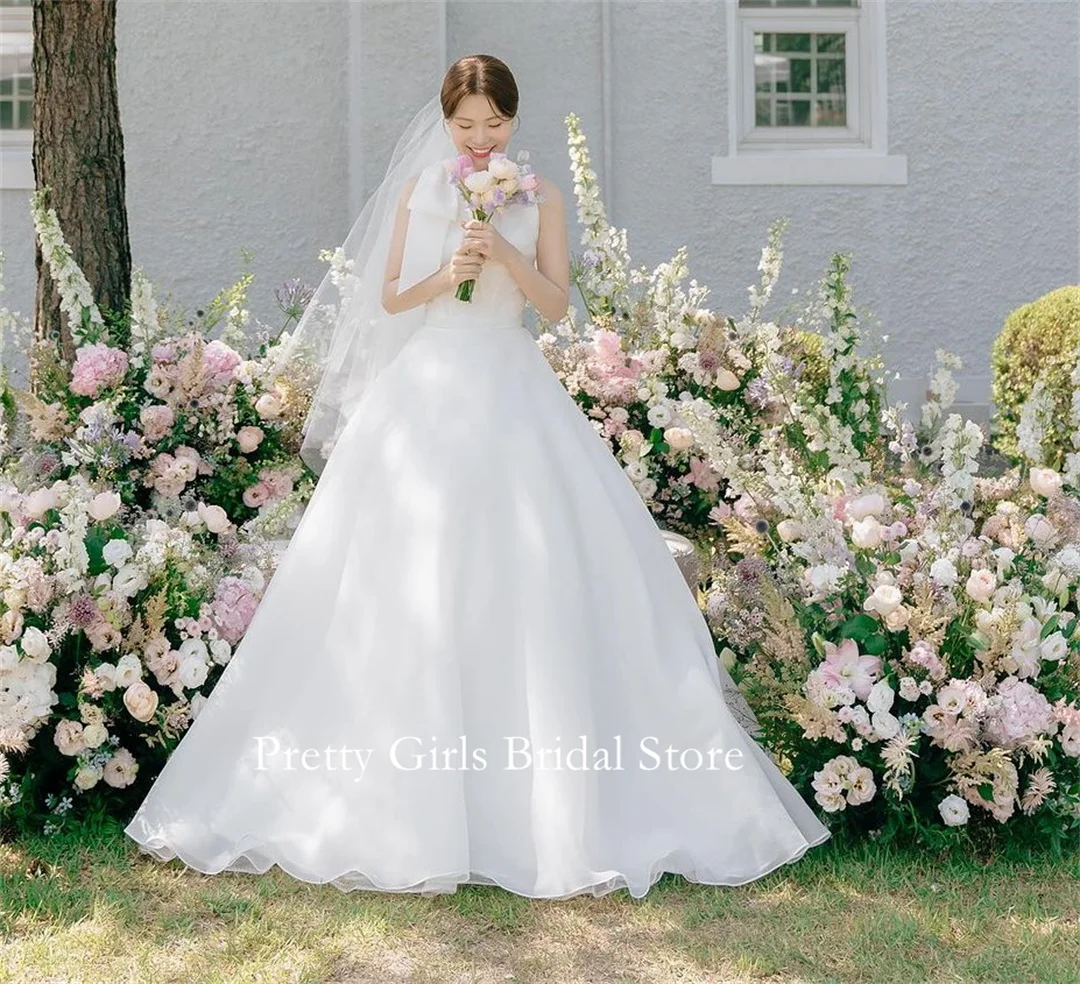 

OEING O-Neck Korea Garden Ivory Wedding Dresses Sleeveless 프롬드레스 A-Line Elegant Organza Simple Bride Growns Party Women